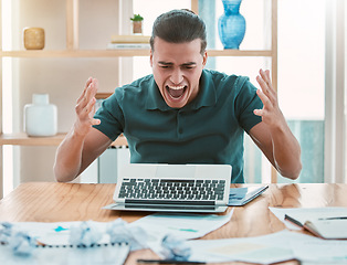 Image showing Angry, laptop and businessman with accident, burnout or stress from work in an office. Frustrated worker with anxiety from computer glitch, problem with pc and reading email online with paperwork