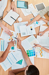 Image showing Finance, documents and meeting with a business team at a table in an office boardroom for planning from above. Accounting, growth and investment with a financial group working together in the office