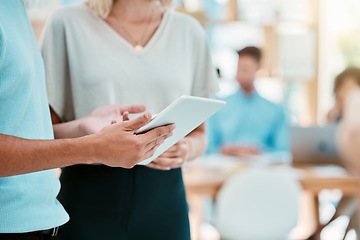 Image showing Business, tablet and manager with worker planning, organising or networking on digital device. Teamwork collaboration, man and woman working together for tech project, meeting or communication online