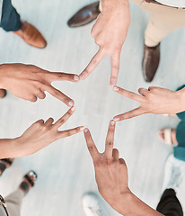 Image showing Team, office and hands for star, group and peace in solidarity, success and goal for business. Finance, workers and community in workplace, together and diversity for accounting, corporate and work