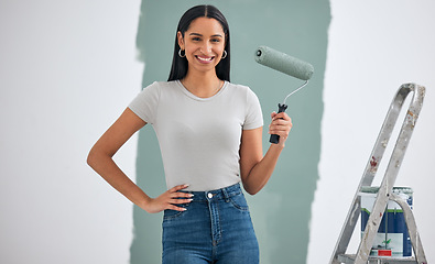 Image showing Home renovation, green paint or woman painting for room interior wall or creative maintenance project. DIY, roller or girl holding paintbrush for inspiration, construction or design motivation