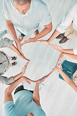 Image showing Support, group and heart hand with top view for company solidarity, synergy or team building. Trust, unity and care of office people with hands together for integrity, cooperation or kindness.