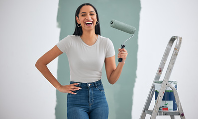 Image showing Painting, ladder and hardware of woman in home renovation, room design color, and project development wall with excited portrait. Eco friendly green paint, brush and excited or happy woman painter