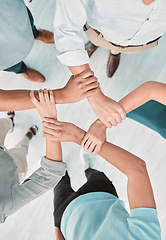 Image showing Business team, hands and teamwork collaboration together in shape from above. Corporate men support, trust and hope motivation success working in office, unity, commitment and union care