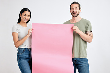 Image showing Mock up, banner advertising and young man and woman smile with pink poster for marketing or product placement. Blank space design, sign cardboard and models for branding or logo advertisement