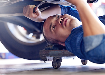 Image showing Mechanic, wrench or fixing car in mechanical engineering workshop, vehicle manufacturing industry or garage store. Thinking man, auto motor worker and service employee in transport repair maintenance