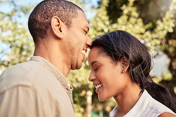 Image showing Love, black couple and being happy, smile and together bonding for relationship, marriage and outdoor. Romance, man and woman being joyful, happiness and loving for anniversary embrace and romantic.