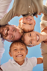 Image showing Family love, summer portrait and sky in nature, happy kids with parents and blue sky with smile in park in spring. Face of child with happiness and support from mother, father and nature background