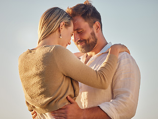 Image showing Love, couple and being happy for marriage, romantic vacation and smile together for anniversary. Romance, man and woman doing embrace, holding each other and being intimate for relationship on travel