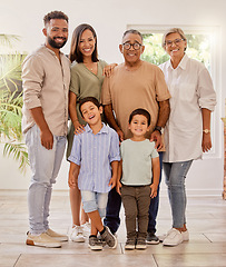 Image showing Happy family portrait with kids, parents and grandparents with smile standing in brazil home. Happiness, family and generations of men, women and children spending time together making fun memories.