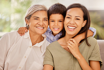 Image showing Happy, mother and grandmother with child hug relaxing on living room sofa with smile at home. Portrait of mama, grandma and little boy smiling in happiness for relationship, bonding or family time