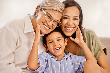 Image showing Happy, mother and grandmother portrait with child for family bonding together in happiness at home. Mama, grandma and little boy with smile for relationship, free time and relax on living room sofa