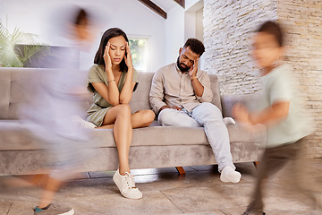 Image showing Sofa, family and tired with fast children running with speed in living room of house together. Fatigue, exhausted or headache of young parents at home in Mexico with busy adhd or hyper kids.