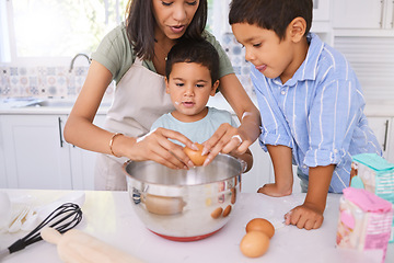 Image showing Cooking, learning and mother with children in kitchen for happy, breakfast and health together. Wellness, food and help mom teaching kids chef in family home for baking dessert, cake or cookies