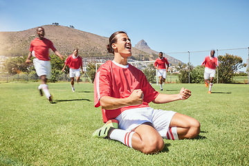 Image showing Soccer, soccer team and celebration on soccer field for winning, goal or score in match. Victory, winner and success in sports game or competition with soccer players training, workout or exercise.