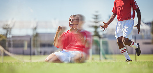 Image showing Success, soccer and team in celebration of a goal winning a match or game on a football field in summer in Sao Paulo. Happiness, victory and happy sports players score goals and celebrate as winners