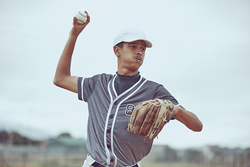 Image showing Baseball, baseball player and ball throw in baseball field in match, training game or competition. Sports, fitness and baseball pitcher man from India practice pitch outdoors for exercise or workout.