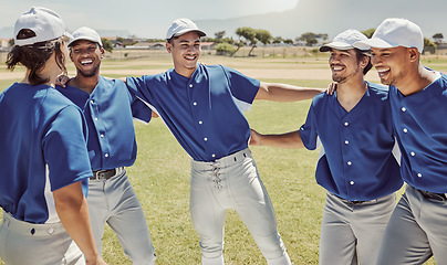 Image showing Baseball, sport and team, men and fitness, happy and baseball player huddle, celebrate and motivation in sports club on baseball field. Happiness, teamwork and celebration, training on grass pitch.