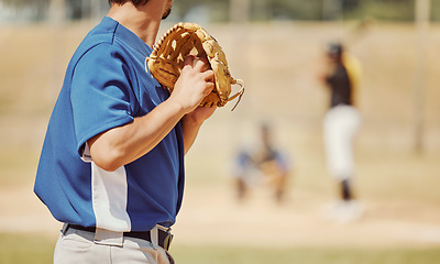 Image showing Baseball, sports and pitcher with a ball and glove to throw or pitch at a match or training. Fitness, softball and man athlete playing a game or practicing pitching with equipment on outdoor field.