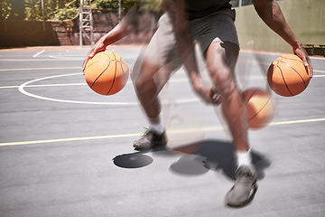 Image showing Basketball, man and speed with double exposure on a sport court while training, practice or workout for a game. Athlete exercise with ball working on skill, technique and fitness for sports match