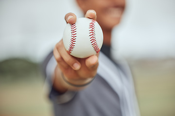 Image showing Athlete with baseball in hand, man holding ball on outdoor sports field or pitch in New York stadium. American baseball players catch, exercise fitness with homerun or retro sport bokeh background