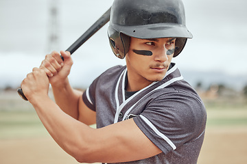 Image showing Baseball player, bat and athlete on a field ready for the game or training with motivation, focus and champion mindset. Softball, fitness and sports man playing a professional match on outdoor pitch