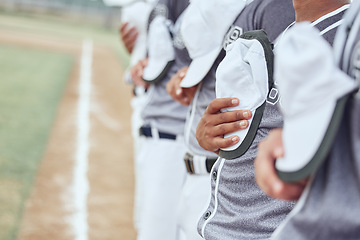 Image showing Baseball team, sports and national anthem to start event, competition games and motivation on stadium arena pitch. Closeup baseball players singing, patriotic group pride and respect for commitment