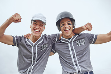 Image showing Baseball player, teamwork and celebration for win, champion and teamwork for sports game with fist gesture for winning. Athlete portrait and professional sport of softball men with positive mindset