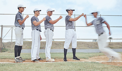 Image showing Baseball, fist bump and team support, sport and teamwork on baseball field, exercise and fitness outdoor. Men sports club, diversity and motivation, baseball player and athlete, training and motion.