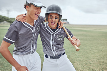 Image showing Baseball, success and friends in celebration after winning a sports game or training match on a baseball field in Texas. Smile, teamwork and happy players hugging to celebrate softball achievement