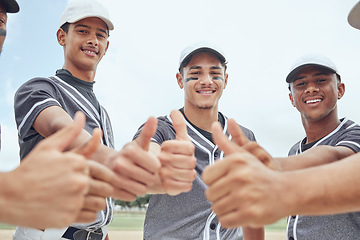 Image showing Baseball, sports men and thumbs up success in fitness workout motivation, training trust and exercise community support. Team, friends and smile with winner goals or target hand sign on sports field