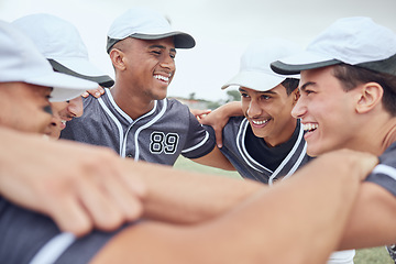 Image showing Team, baseball men in game, strategy or planning on grass pitch, sports field or team building in fitness, training or workout match. Smile, happy sport people in motivation talk in softball huddle