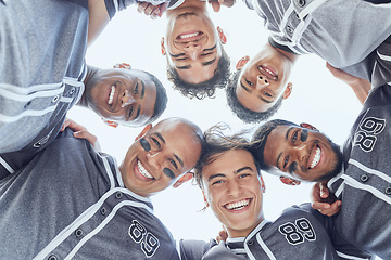 Image showing Sport, baseball and team huddle portrait for game mental preparation together with cheerful smile. Teamwork, competition and baseball player men at athlete match excited, happy and ready.