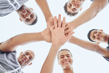 Image showing Portrait, diversity and baseball men from connect hands in huddle for team support, collaboration and teamwork. Happy, motivation and athletes huddled in circle for sport, support or sports community
