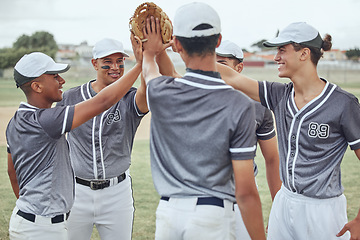 Image showing Baseball player men hands connect for teamwork, motivation and mission on sports field. Group of people, community or athlete male standing together for competition with sunshine lens flare outdoor