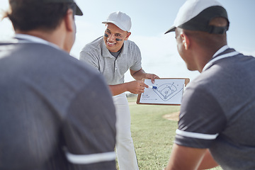 Image showing Baseball coaching, strategy or team planning on clipboard for match exercise, event training or game workout on field. Coach, motivation or teamwork communication for sports or competition