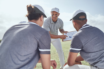 Image showing Happy baseball coach, team or strategy for planning on paper clipboard for match exercise, event training or game workout on field. Coaching, motivation or teamwork fitness for sports or health goals