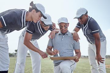 Image showing Baseball, team and coach talking strategy, planning and teamwork with paper on grass field or pitch. Coaching, talk and collaboration with sports men group in communication, conversation and discuss