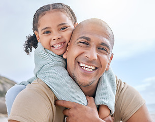 Image showing Happy, father and child hug with smile for family quality bonding time together in the outdoors. Portrait of dad and kid piggyback smiling in joyful happiness for carefree summer vacation in nature