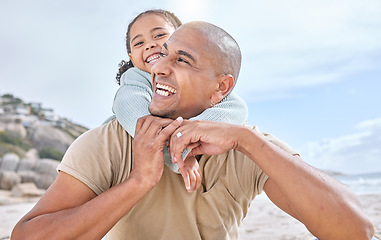 Image showing Happy family hug, beach and dad and child having fun, bonding and enjoy quality outdoor time together on Mexico vacation. Happiness, holiday freedom and father support, love and piggyback girl