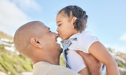 Image showing Father, child and nose kiss in nature for fun, love and relationship in family bonding time in the outdoors. Happy dad and kid enjoying summer vacation together in loving childhood and parenting