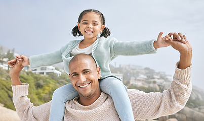Image showing Father, child and holding hands on shoulders for happy relationship, bonding and smile in the outdoors. Portrait of dad and kid smiling in happiness for love, time and care for piggyback in nature