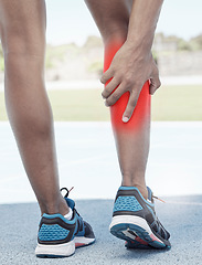 Image showing Runner, calf pain and leg injury accident during fitness running exercise in athletic shoes outside. Sports man, muscle strain and calf during marathon cardio training workout on track field