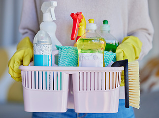 Image showing Woman, hands or cleaning container of housekeeping products for home cleaner service, maid or hotel worker. Spray bottle zoom, brush or fabric cloth in spring clean or hospitality hygiene maintenance