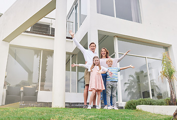 Image showing Happy, family and home investment real estate of people that celebrate new property outdoor. Man realtor, mother and children with happiness, smile and a love for a house with excited kids and parent