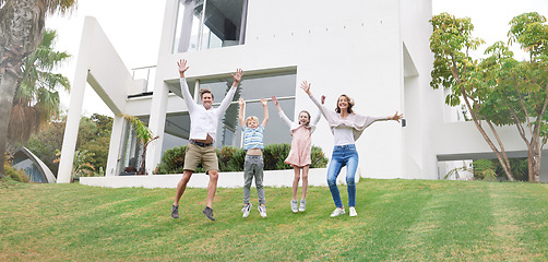 Image showing Family home, real estate and celebrate of people happy about new property outdoor. Jumping children, mother and man with happiness and excited energy experience of kids with a smile on grass