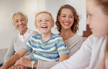 Image showing Happy family, mother and kids relax with grandma in a living room, laughing, talking and bonding in their home. Love, family and multi generation people enjoying conversation, laughter and joy