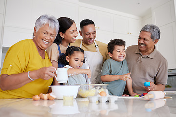 Image showing Baking, comic and big family in the kitchen for food, cooking and happy together in their house. Funny children with parents and grandparents learning to make cookies, cake or lunch with smile