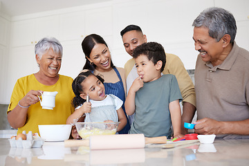 Image showing Children, baking and family with a boy tasting flour while learning to bake in the kitchen with parents, grandparents and sister. Kids, learning and love with a girl and boy cooking with relatives