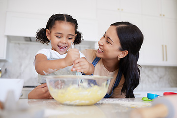 Image showing Development, mother and girl in kitchen, cooking and baking for learning, growth and being happy together at home. Mama, daughter and child have fun while education, food and with happiness in home.